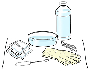 Supplies for cleaning tracheostomy tube.