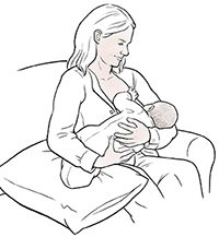Mujer amamantando a un bebé en posición de cuna.